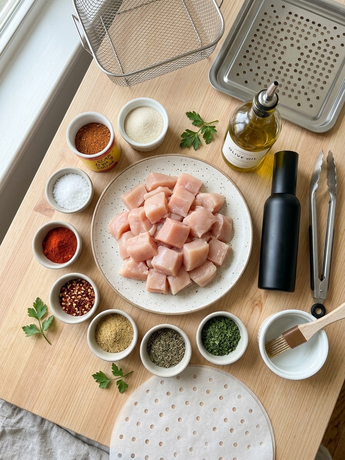 Air Fryer Chicken Bites ingredients arranged for air frying