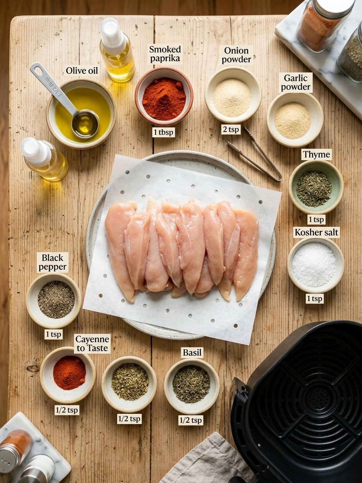 Air Fryer Chicken Tenders ingredients arranged for air frying