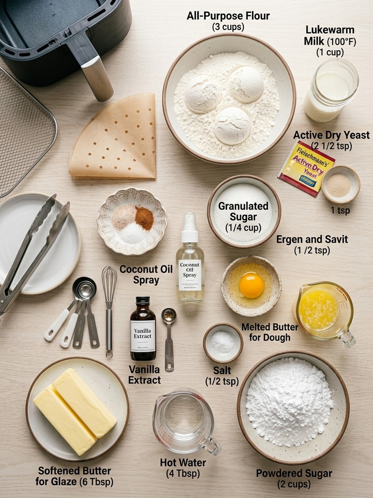 Air Fryer Donuts ingredients arranged for air frying