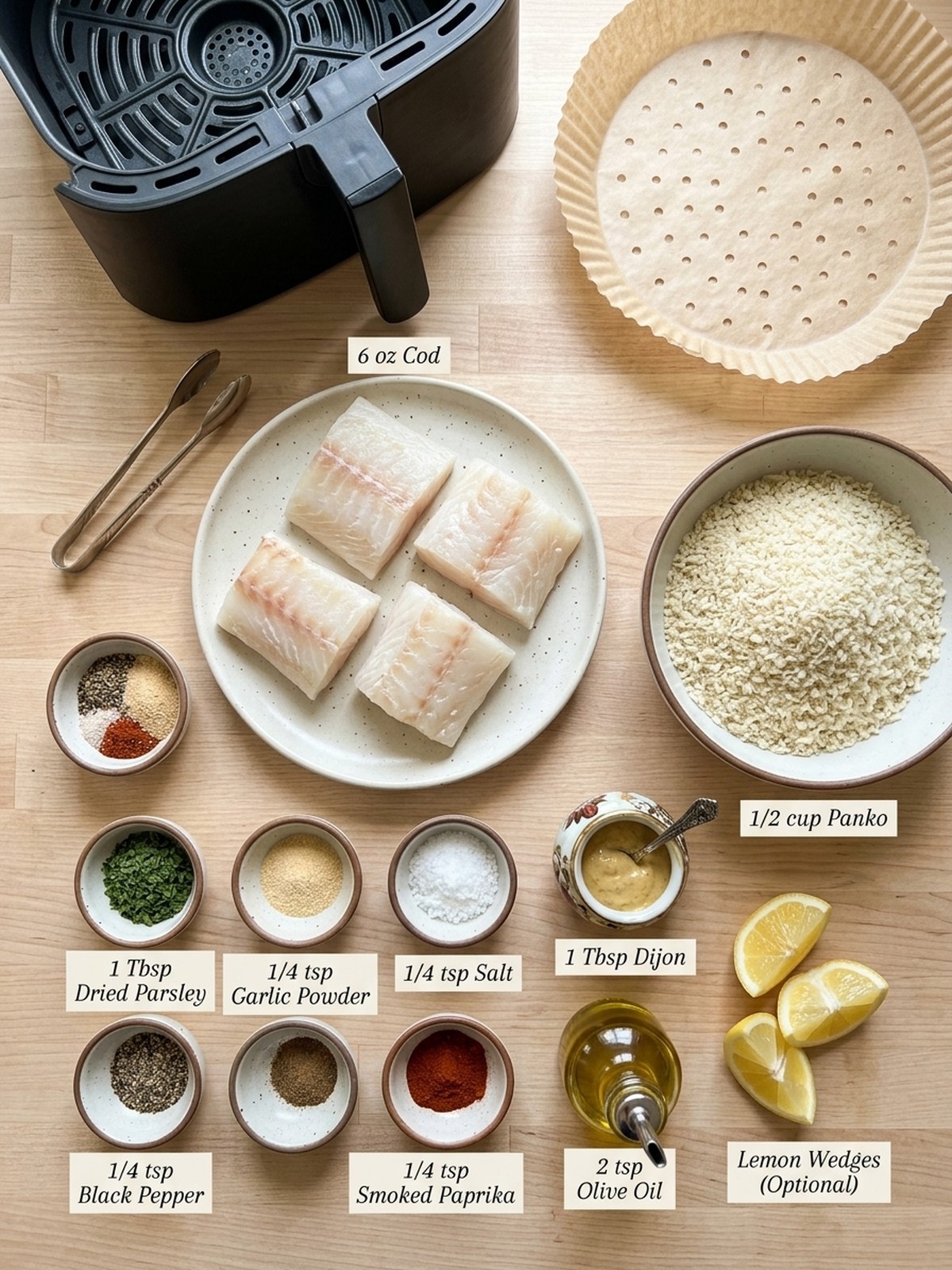 Air Fryer Panko Cod ingredients arranged for air frying