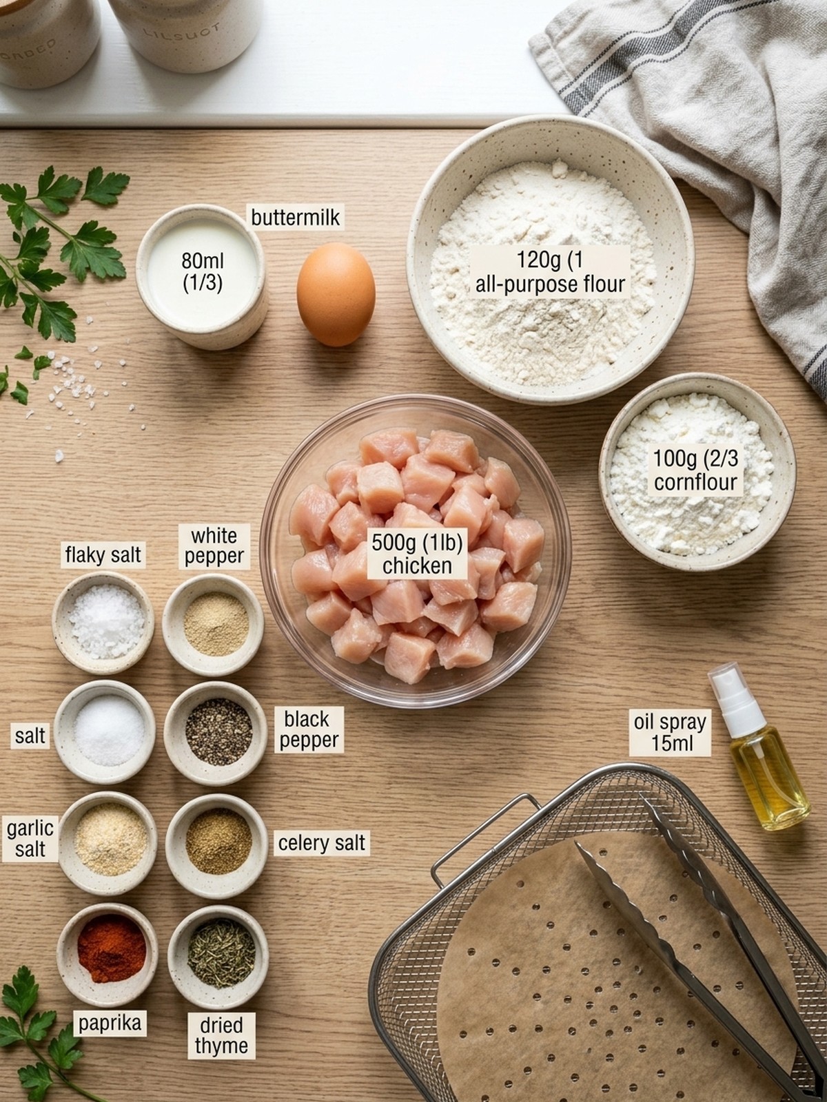 Air Fryer Popcorn Chicken ingredients arranged for air frying