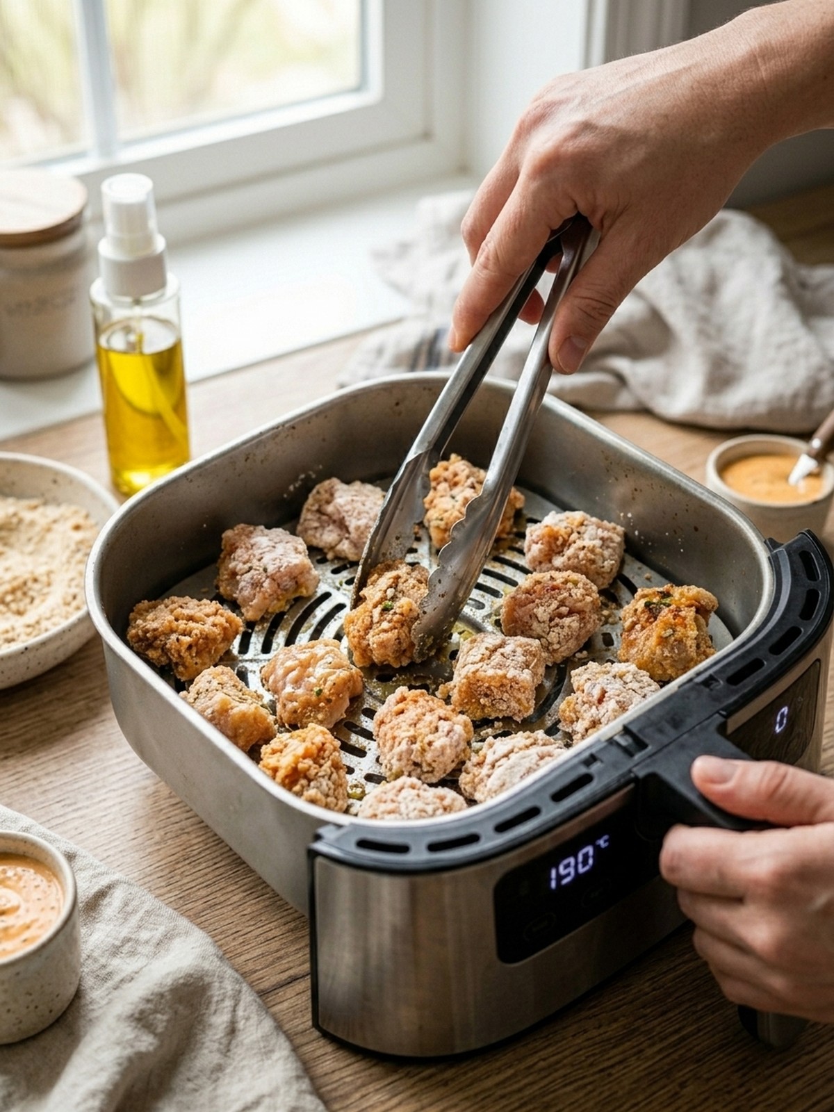 Step by step air fryer preparation of Air Fryer Popcorn Chicken
