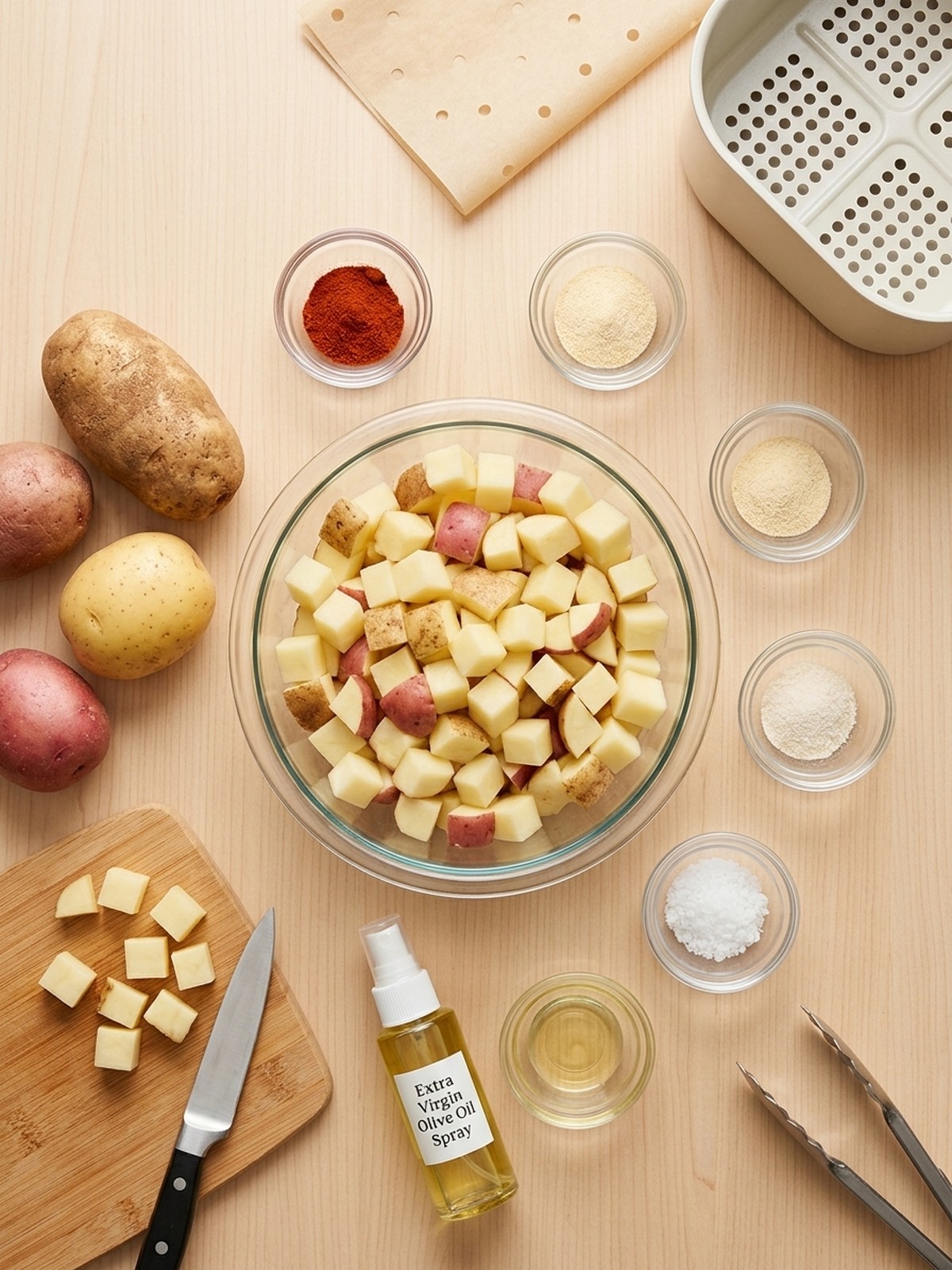 Air Fryer Potato Cubes ingredients arranged for air frying
