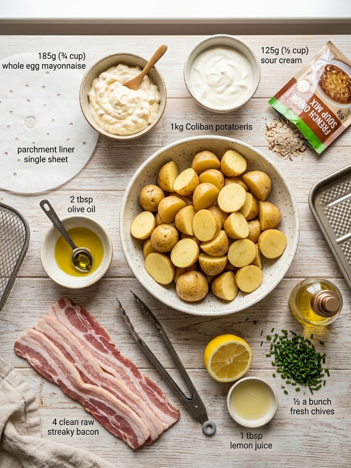 Air Fryer Potato Salad ingredients with baby potatoes bacon chives and creamy dressing