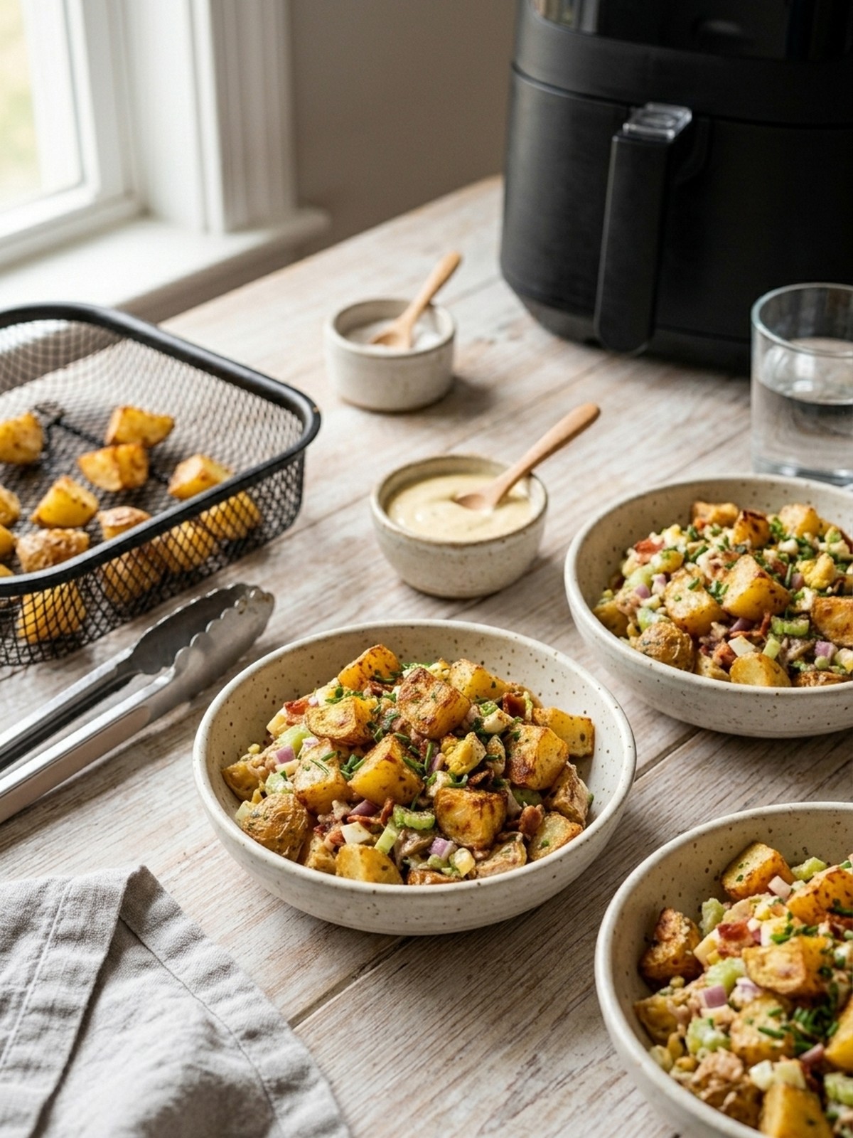 Serving and variation ideas for Air Fryer Potato Salad with bacon chives and creamy dressing