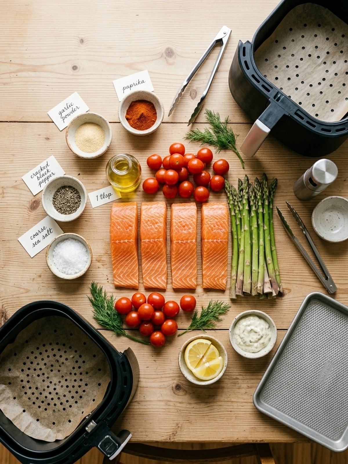 Air Fryer Salmon ingredients arranged for air frying