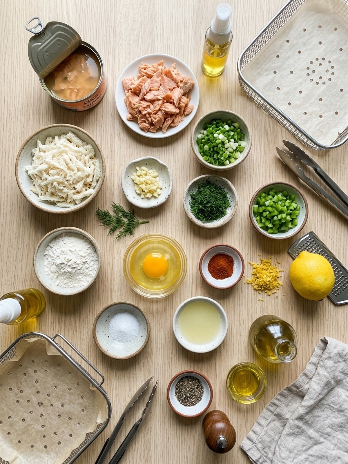 Air Fryer Salmon Patties ingredients arranged for air frying