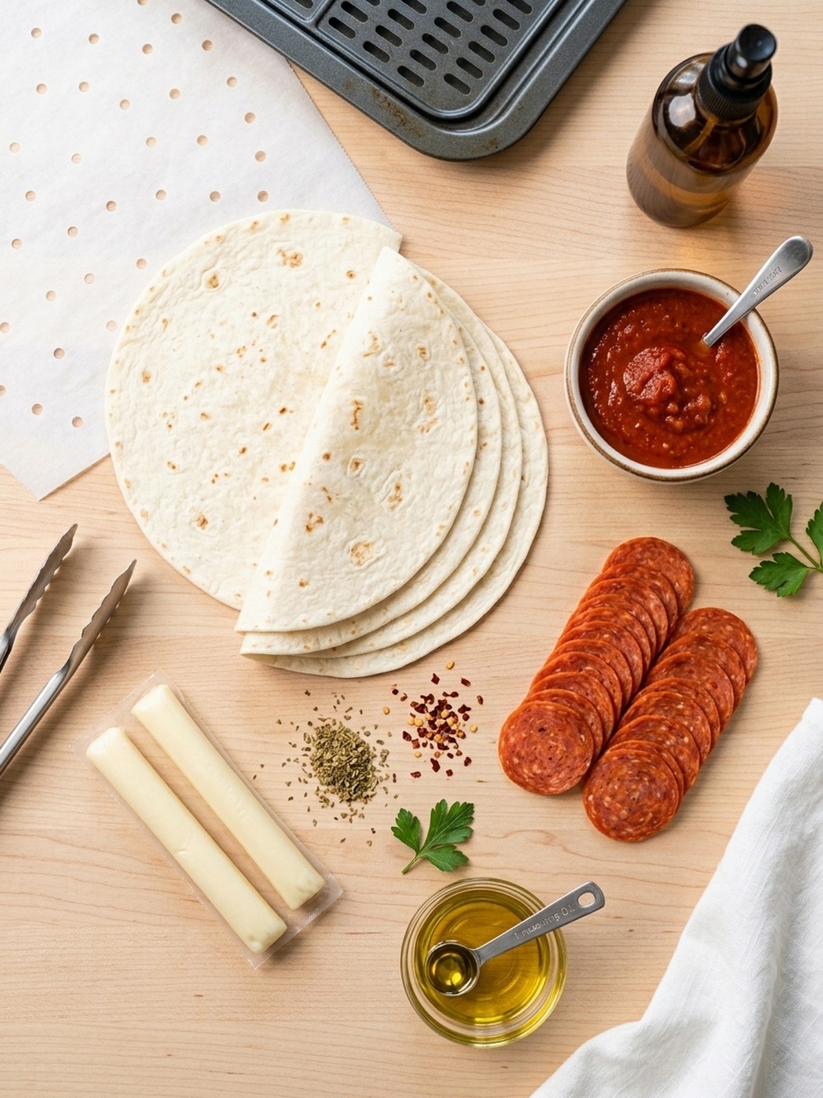 Air Fryer Tortilla Pizza Rolls ingredients arranged for air frying