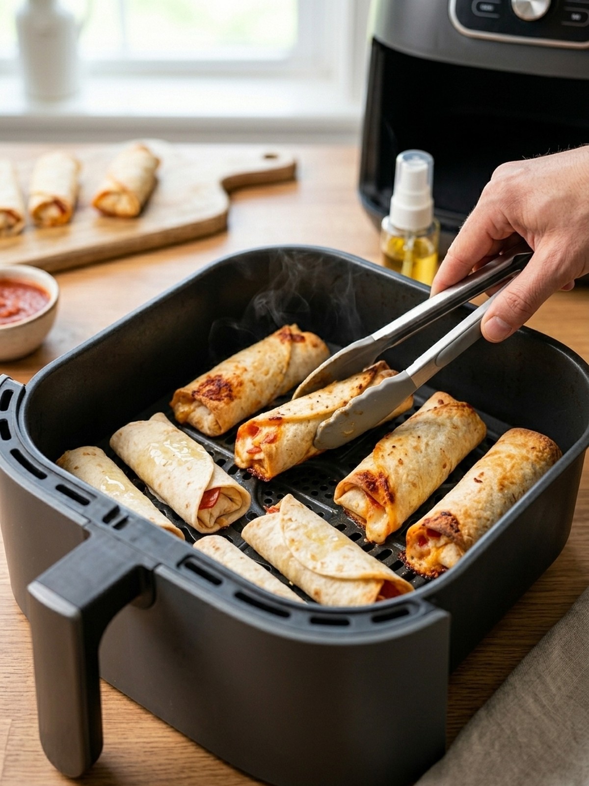 Step by step air fryer preparation of Air Fryer Tortilla Pizza Rolls