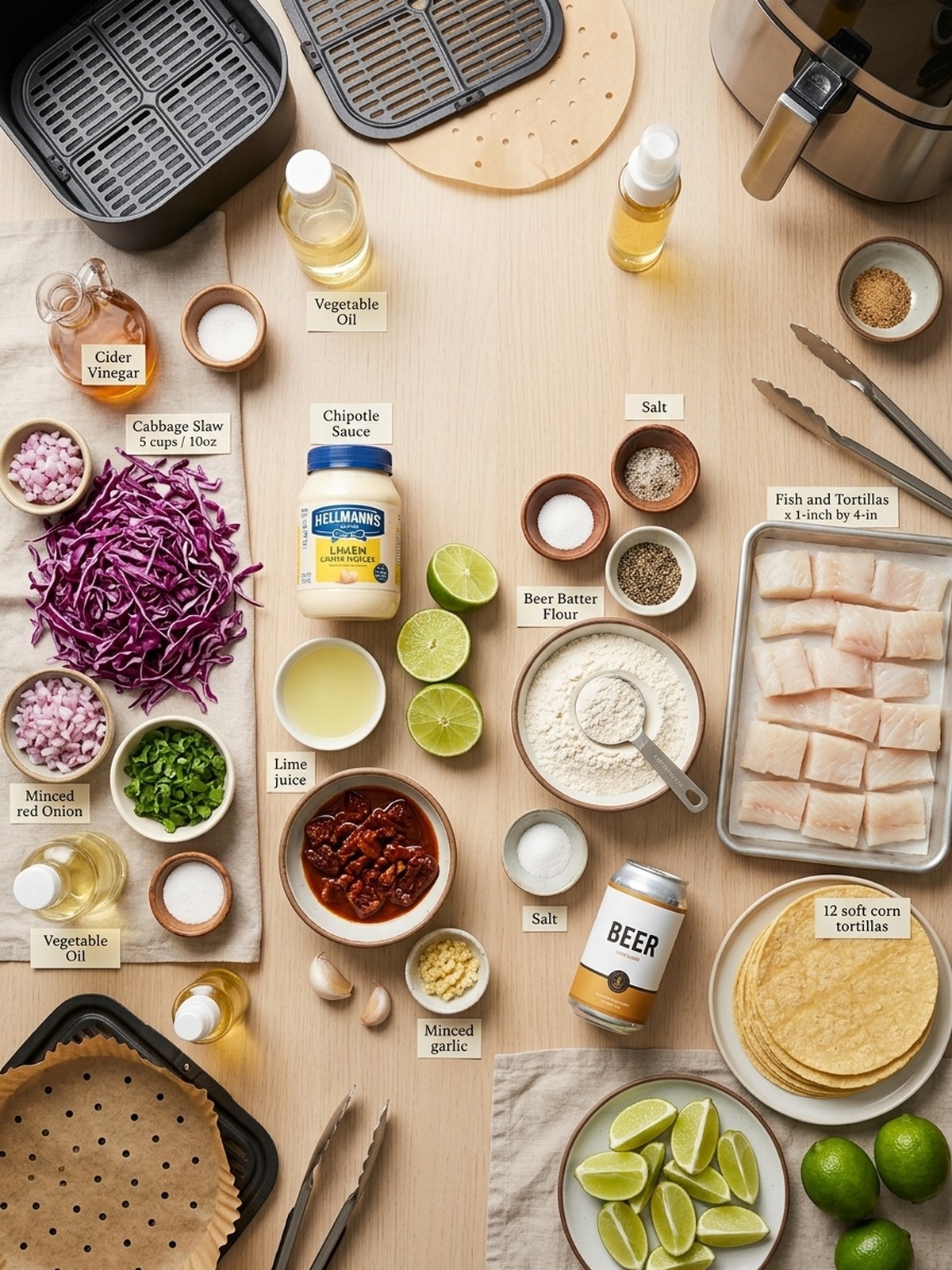 Baja Fish Tacos ingredients arranged for air frying