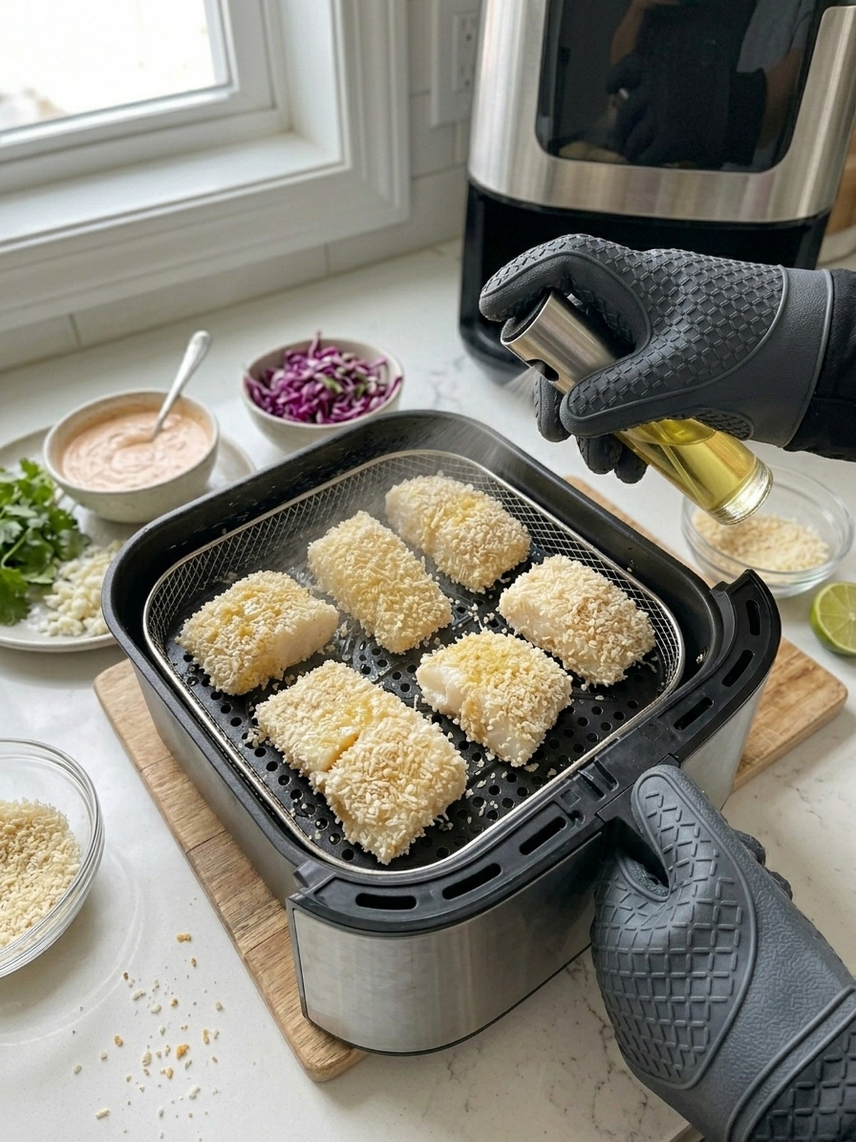 Step by step air fryer preparation of Baja Fish Tacos