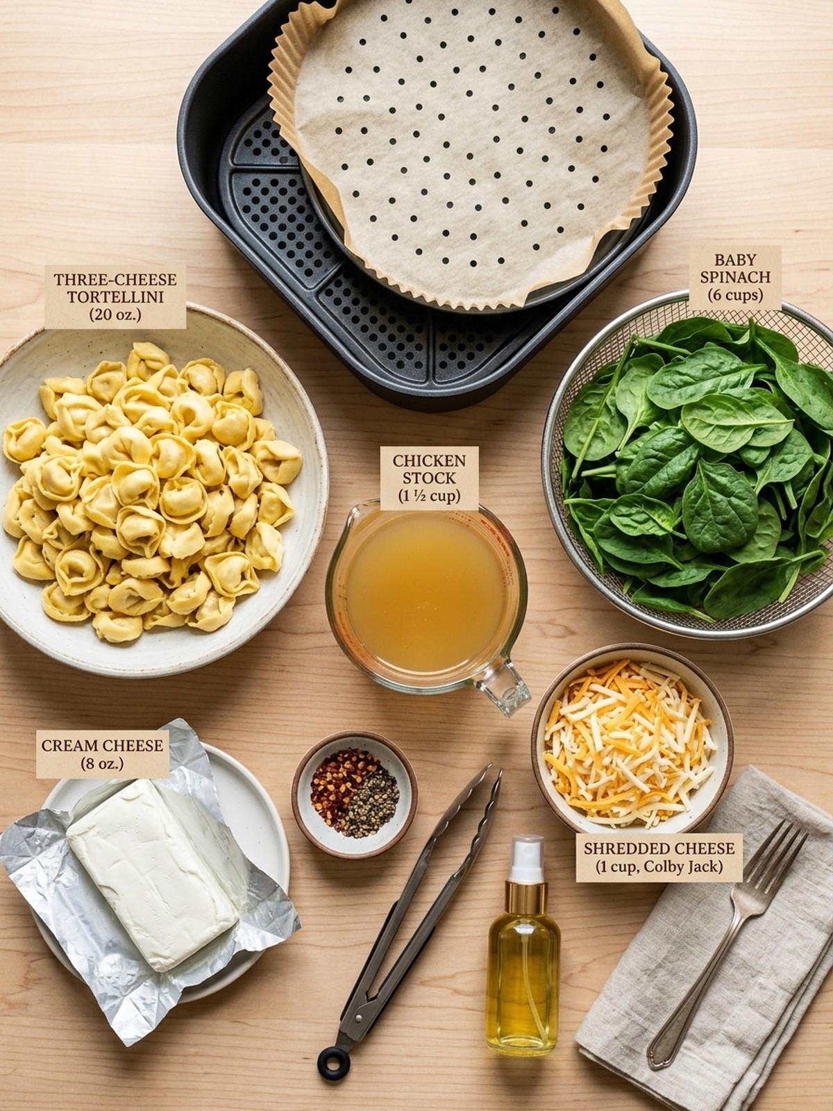 Creamy Spinach Tortellini ingredients arranged for air frying
