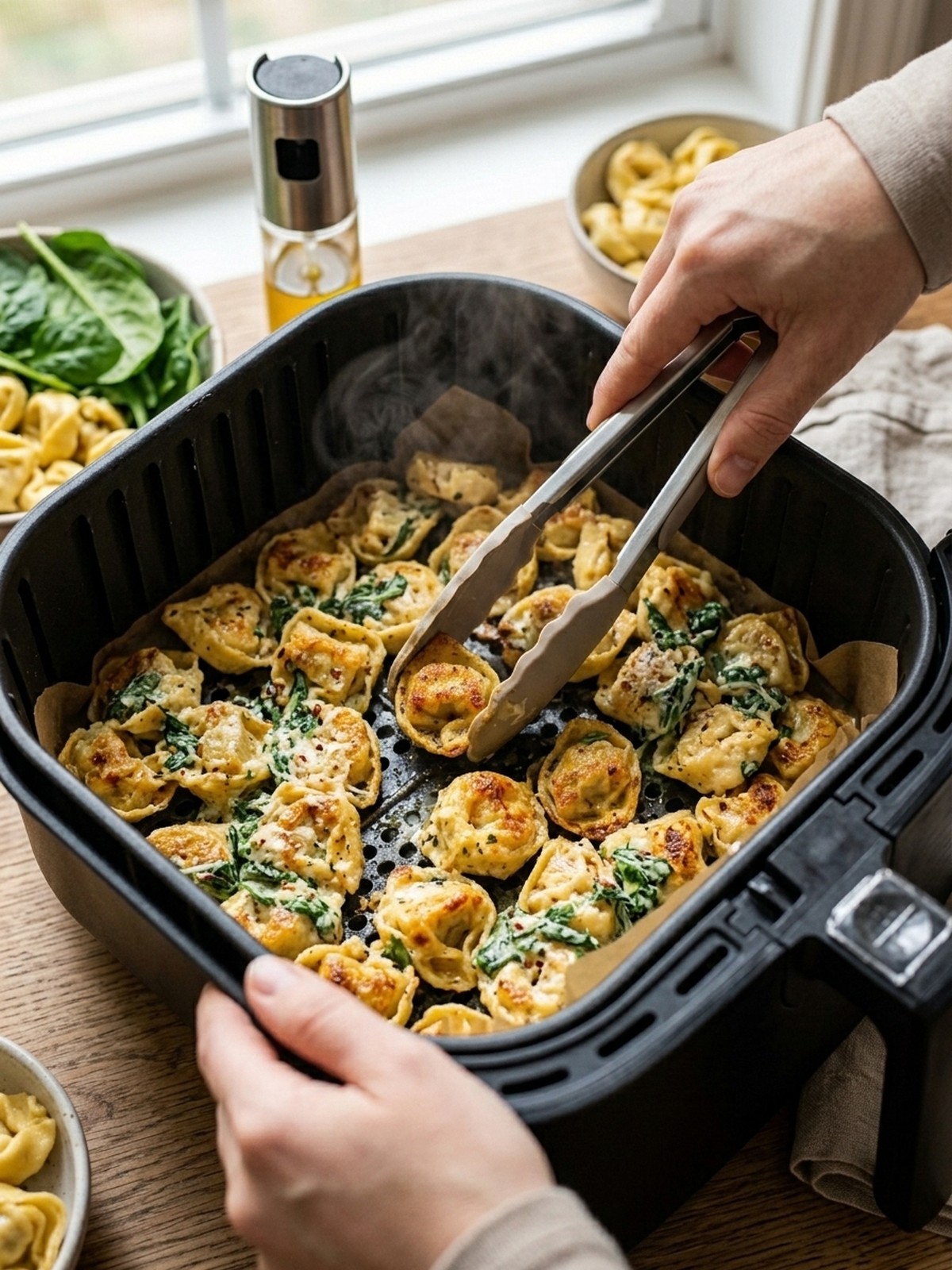 Step by step air fryer preparation of Creamy Spinach Tortellini