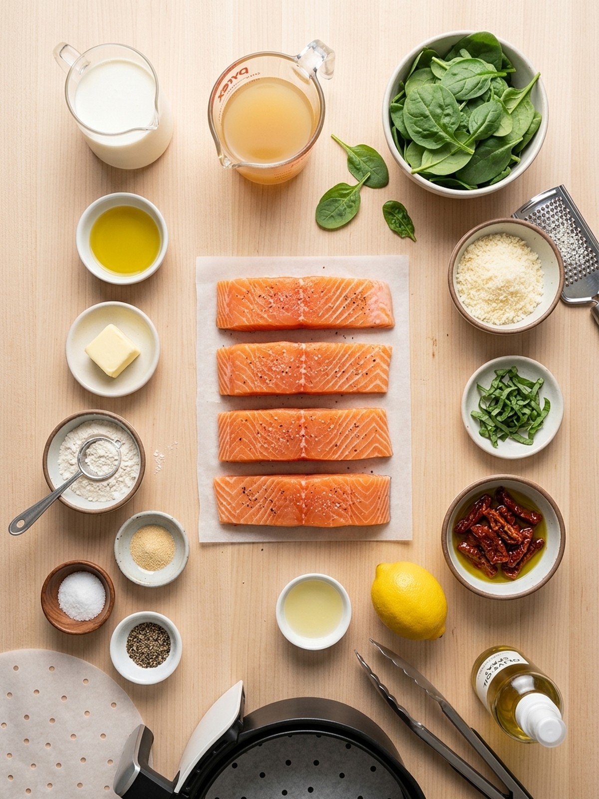 Creamy Tuscan Salmon ingredients arranged for air frying