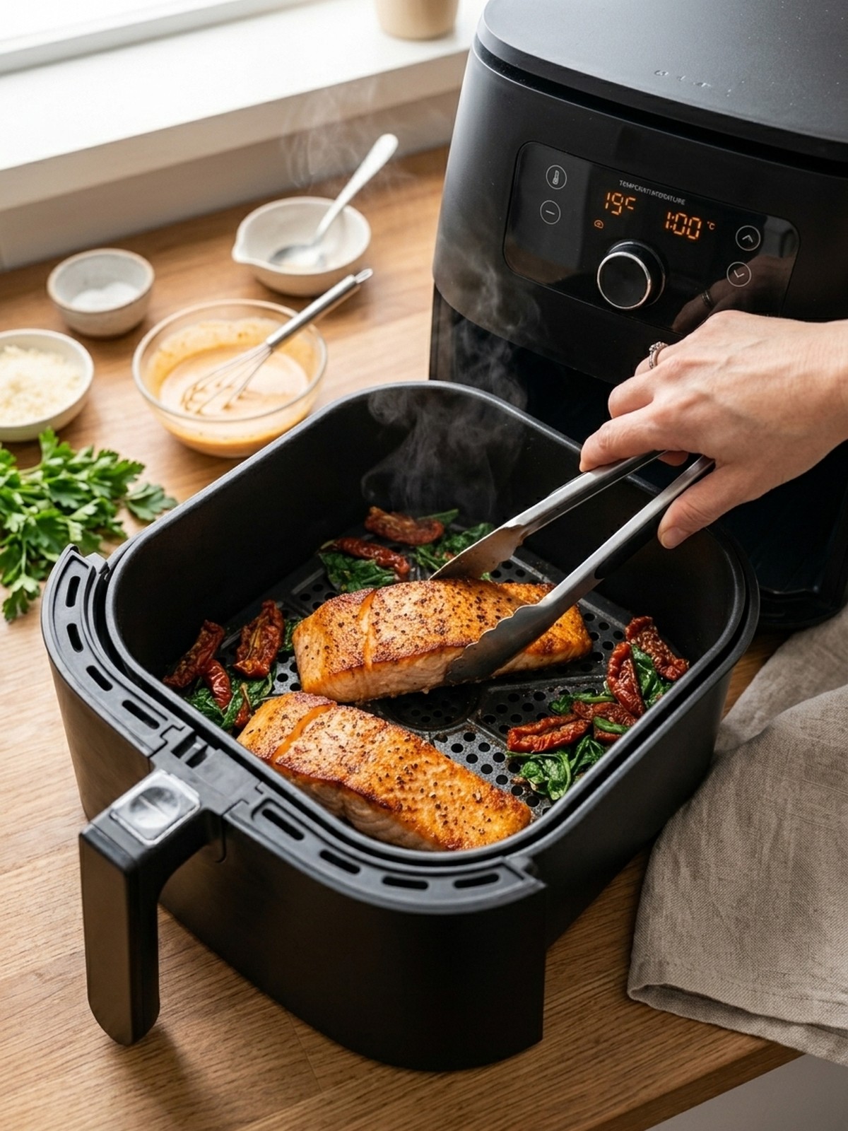 Step by step air fryer preparation of Creamy Tuscan Salmon