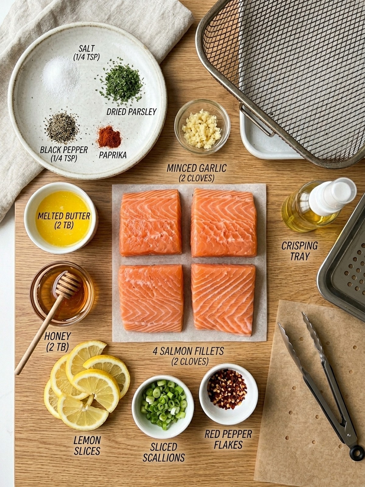 Honey Garlic Butter Baked Salmon ingredients arranged for air frying