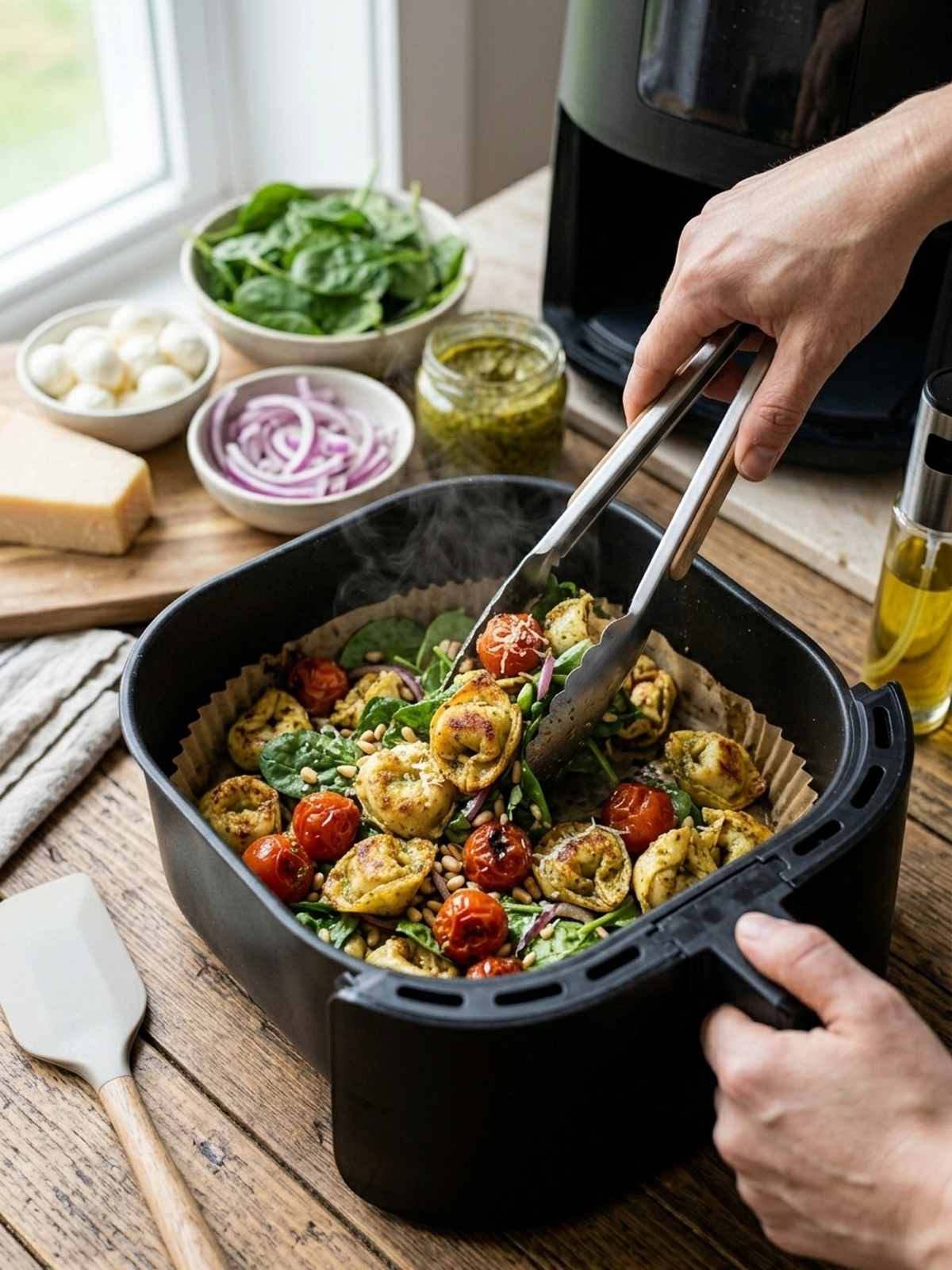 Step by step air fryer preparation of Pesto Tortellini Pasta Salad