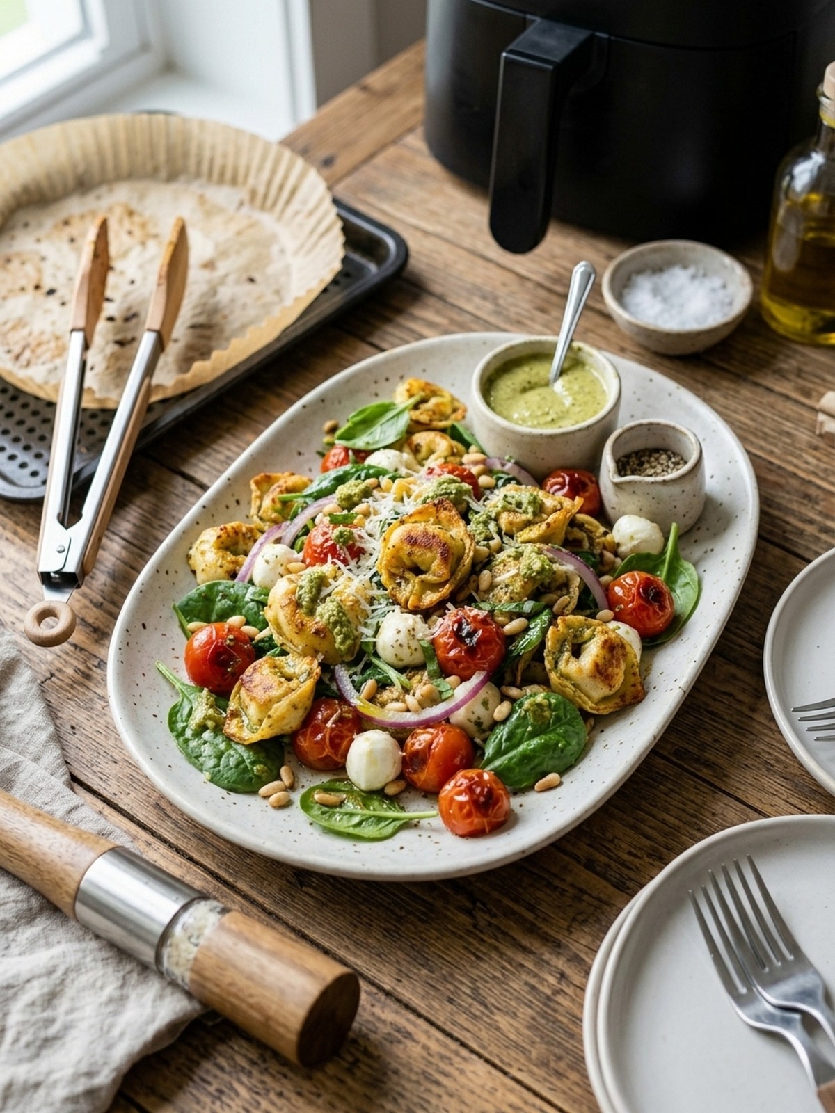 Serving and variation ideas for Pesto Tortellini Pasta Salad with pesto tomatoes and mozzarella