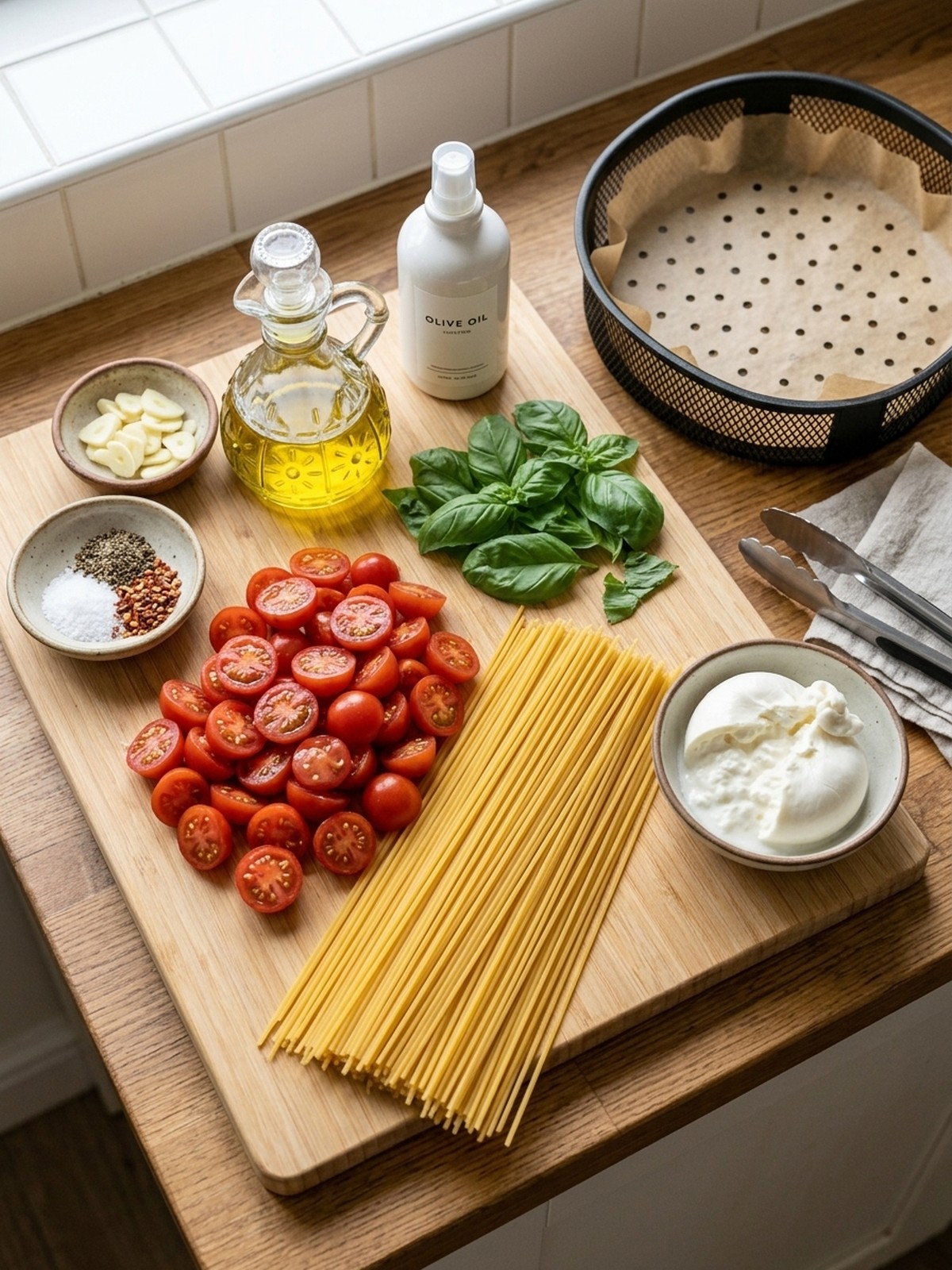 Tomato Burrata Pasta ingredients arranged for air frying