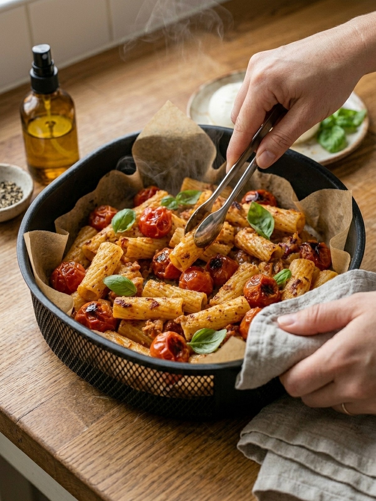 Step by step air fryer preparation of Tomato Burrata Pasta